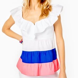 Lilly Pulitzer White and Blue Ruffled Sleeveless Blouse